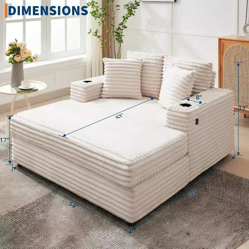 Comfy Corduroy Lounge Sofa with Charging Station, Upholstered Sofa Bed for Living Room, Movie Room with Storage Pockets & 2 Cup Holders