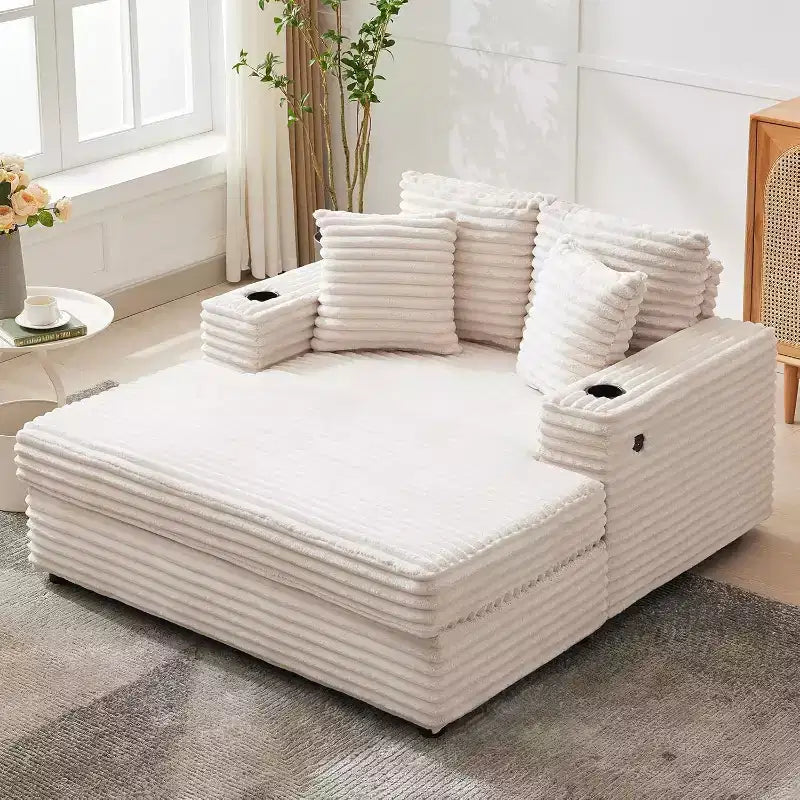 Comfy Corduroy Lounge Sofa with Charging Station, Upholstered Sofa Bed for Living Room, Movie Room with Storage Pockets & 2 Cup Holders