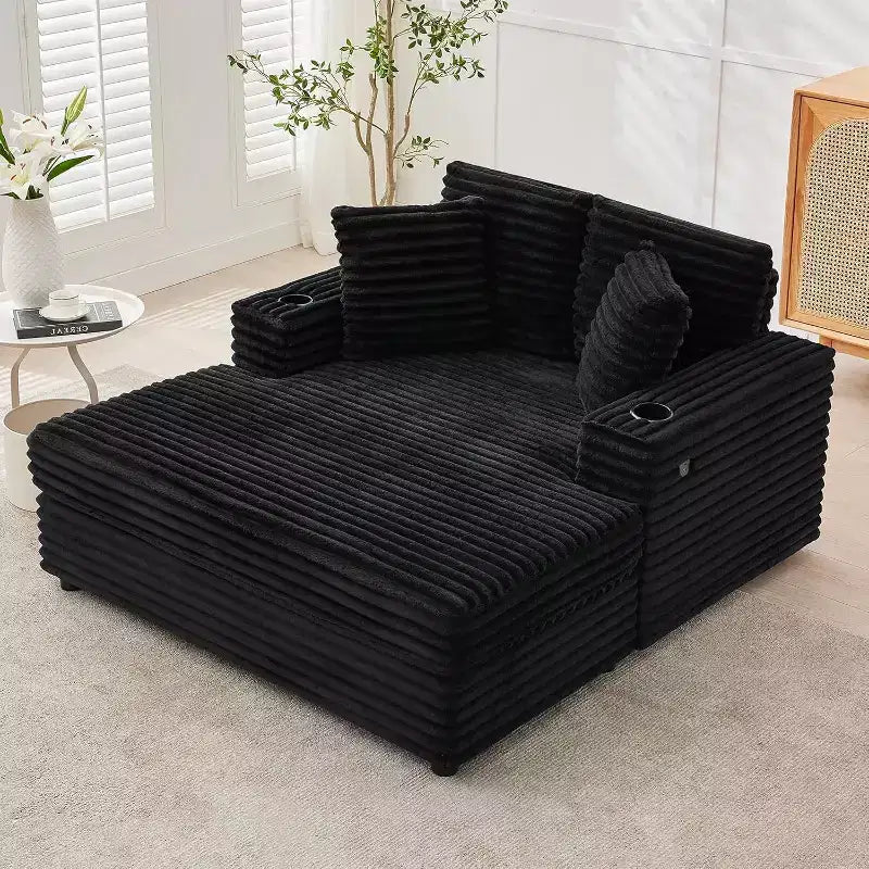 Comfy Corduroy Lounge Sofa with Charging Station, Upholstered Sofa Bed for Living Room, Movie Room with Storage Pockets & 2 Cup Holders