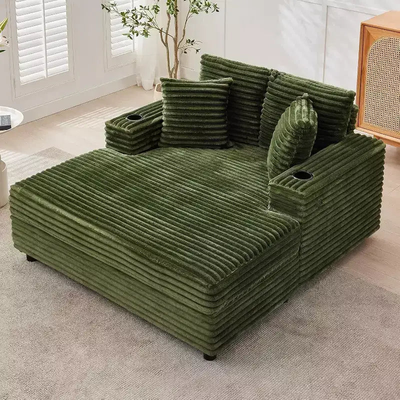Comfy Corduroy Lounge Sofa with Charging Station, Upholstered Sofa Bed for Living Room, Movie Room with Storage Pockets & 2 Cup Holders