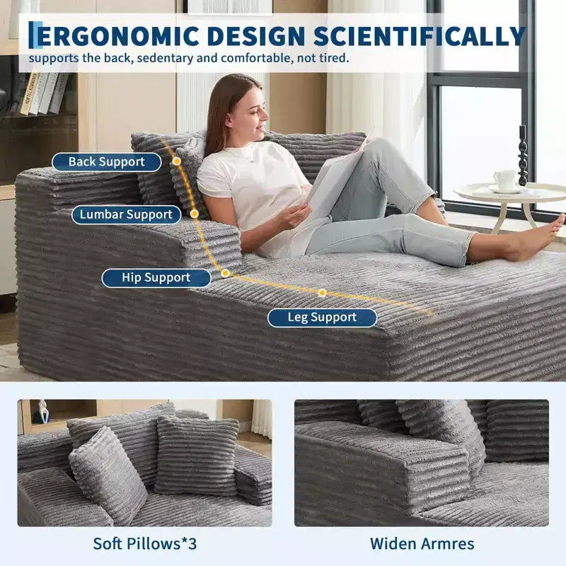 67x50x29 Inches Wide Corduroy Chaise Lounge Chair, Oversized Boneless Sofa Bed with Deep Seat, Cloud Sleeper Couch for Living Room/Bedroom
