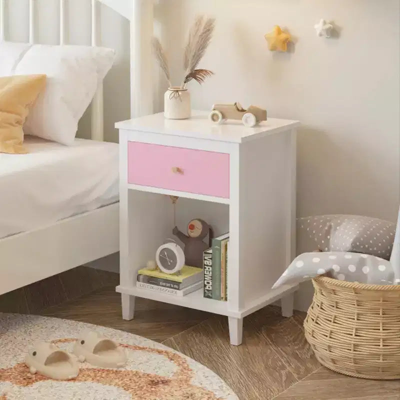 26.77''H Wooden Nightstand with One Drawer One Shelf for Kids, Adults, Pink+Golden handle