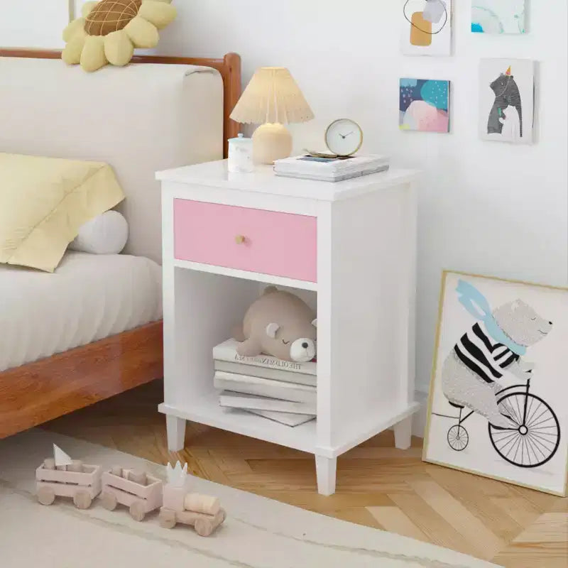 26.77''H Wooden Nightstand with One Drawer One Shelf for Kids, Adults, Pink+Golden handle