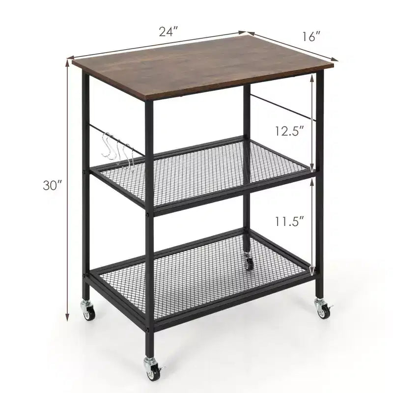 Costway 3-Tier Kitchen Serving Cart Utility Standing Microwave Rack w/ Hooks